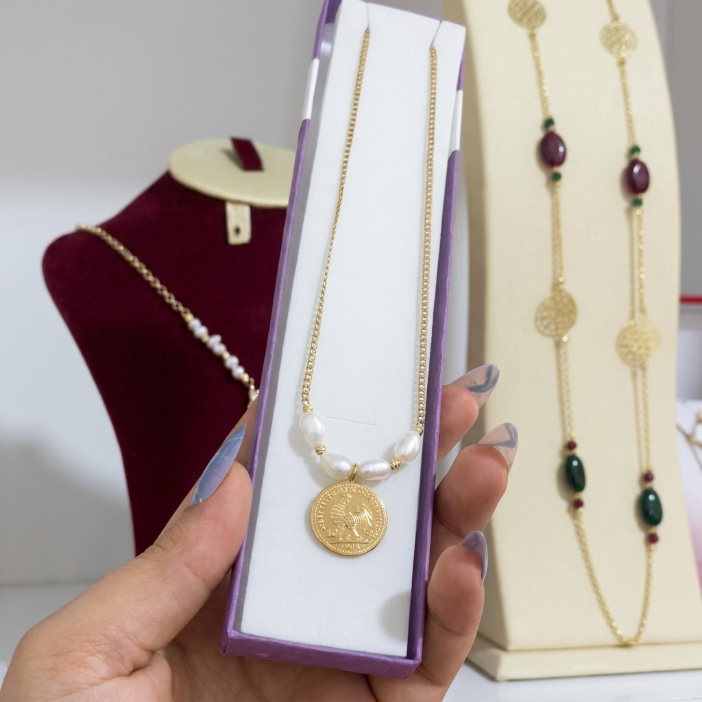 Collier en vrai jouher et acier inoxydable
